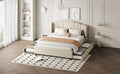 Upholstered Platform Bed With Wingback Headboard, One Twin Trundle And 2 Drawers, No Box Spring Needed, Linen Fabric, Queen Size Beige Beige Linen