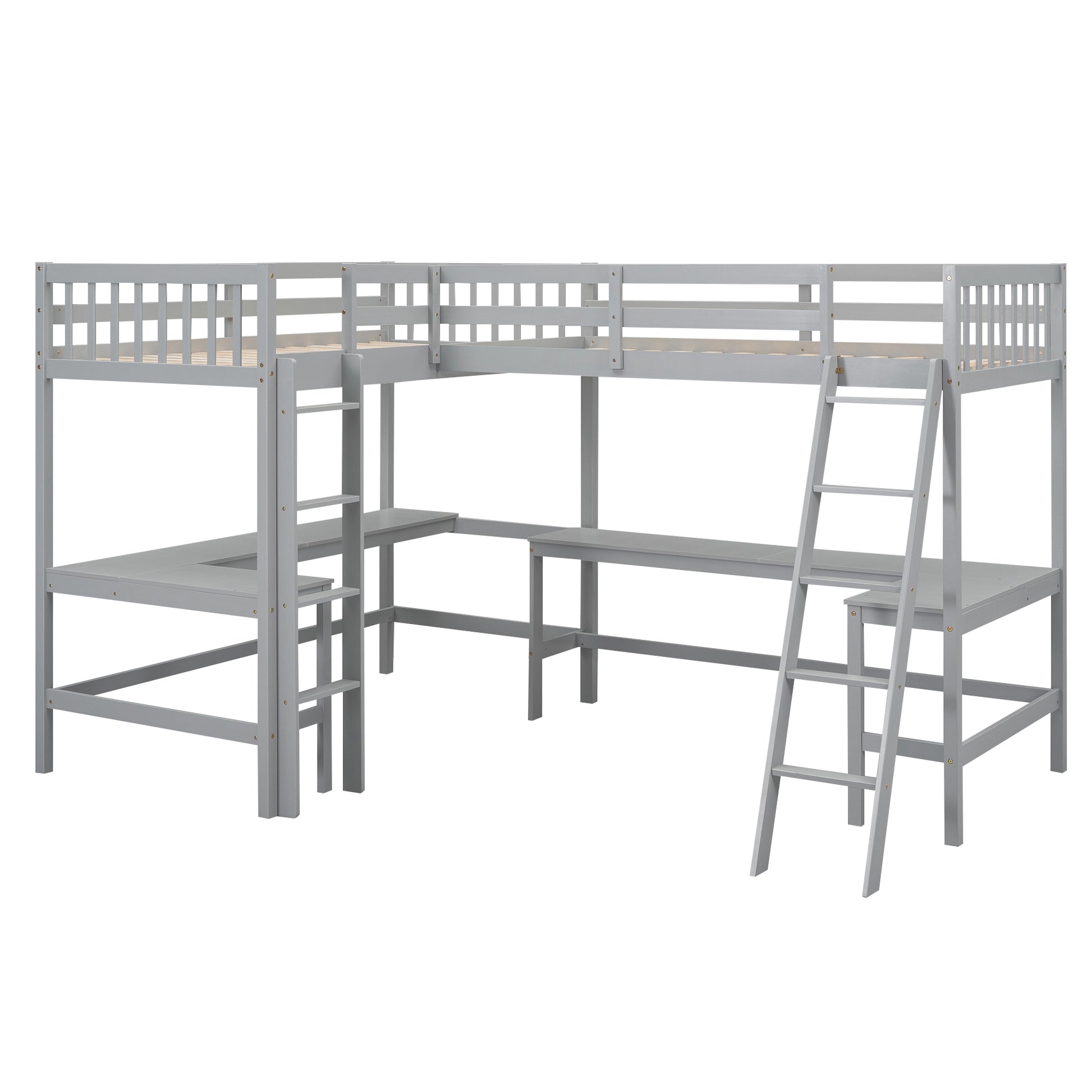 Wood Twin Size L Shaped Loft Bed With Ladder And 2 Built In L Shaped Desks, Gray Box Spring Not Required Twin White Wood Bedroom Solid Wood Mdf