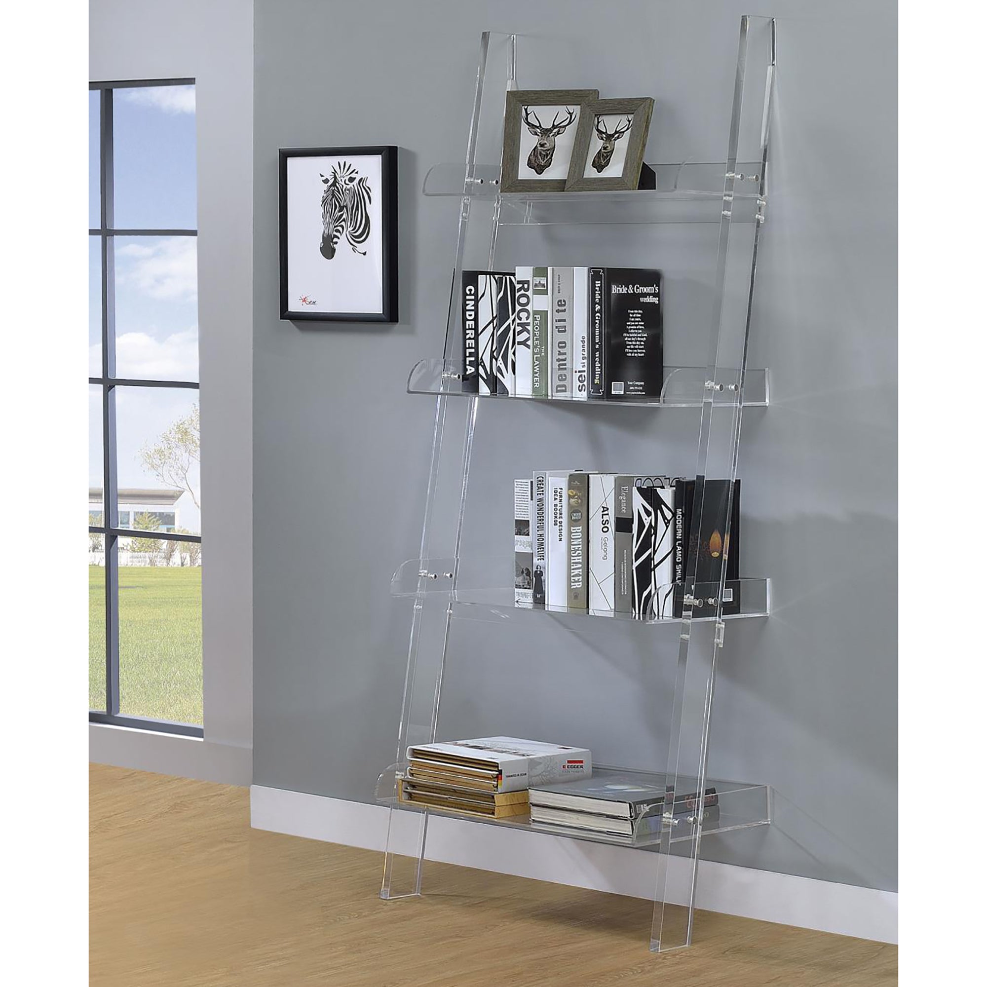 Clear Acrylic Ladder Bookcase 4 Clear Ladder Vertical Office Plastic Open Back Contemporary,Modern Acrylic