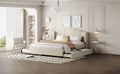 Upholstered Platform Bed With Wingback Headboard, One Twin Trundle And 2 Drawers, No Box Spring Needed, Linen Fabric, Queen Size Beige Beige Linen