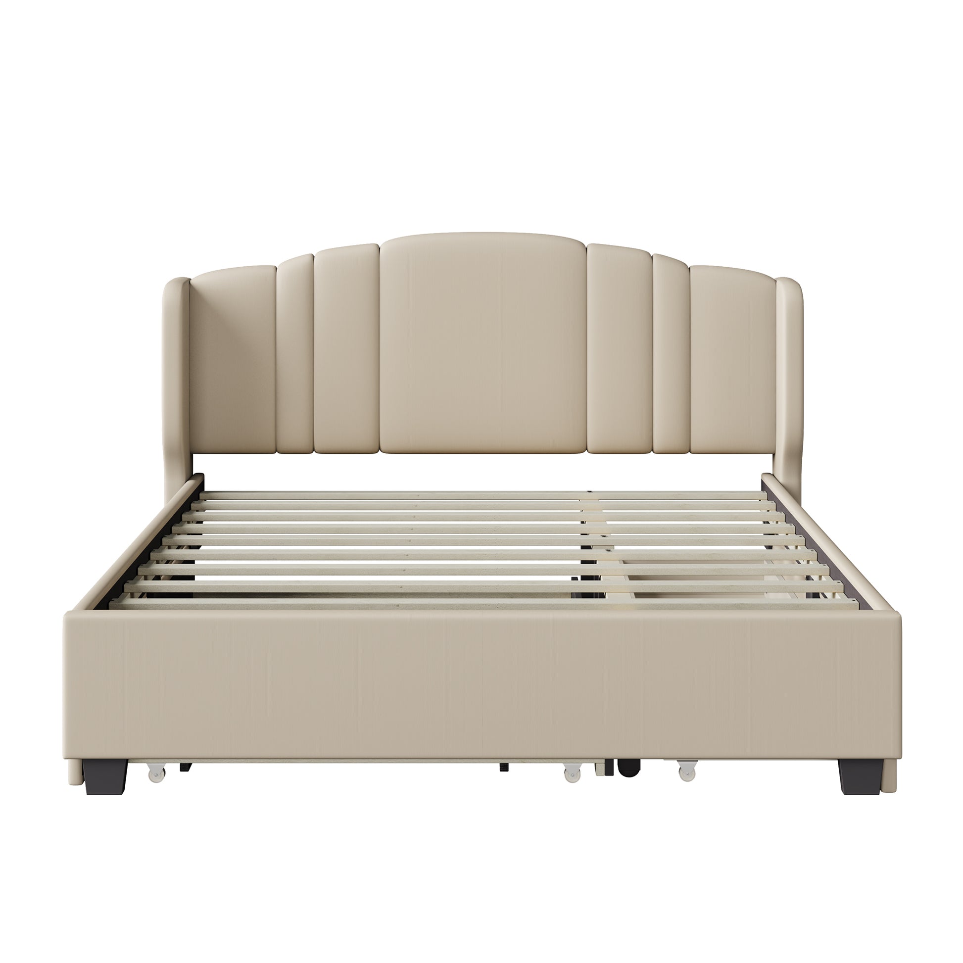Upholstered Platform Bed With Wingback Headboard, One Twin Trundle And 2 Drawers, No Box Spring Needed, Linen Fabric, Queen Size Beige Beige Linen