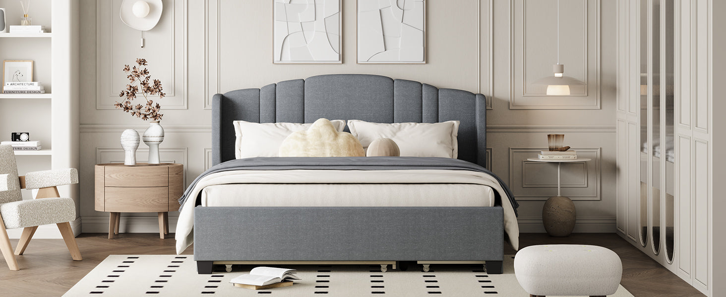 Upholstered Platform Bed With Wingback Headboard, One Twin Trundle And 2 Drawers, No Box Spring Needed, Linen Fabric, Queen Size Gray Gray Linen