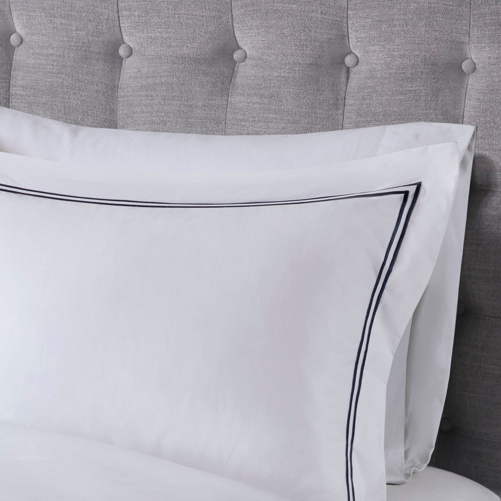 100% Cotton Sateen Embroidered Comforter Set White Navy Cotton