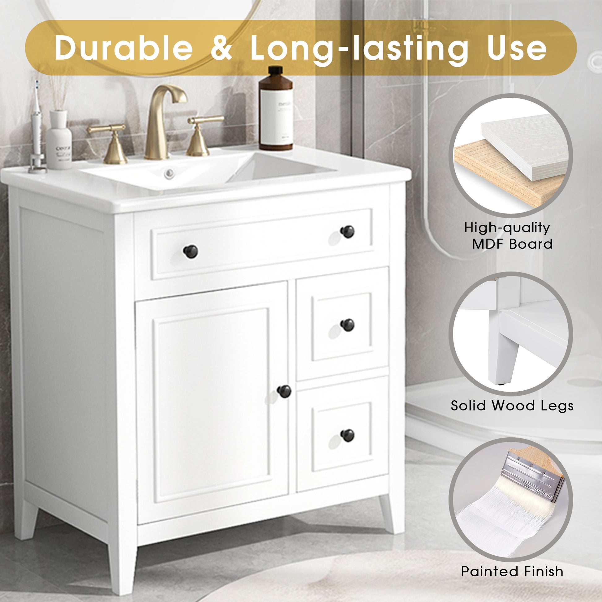 30" Bathroom Vanity With Sink Top, Bathroom Vanity Cabinet With Door And Two Drawers, Solid Wood Frame, One Package, White Old Sku:Wf311620Aak White Solid Wood Mdf