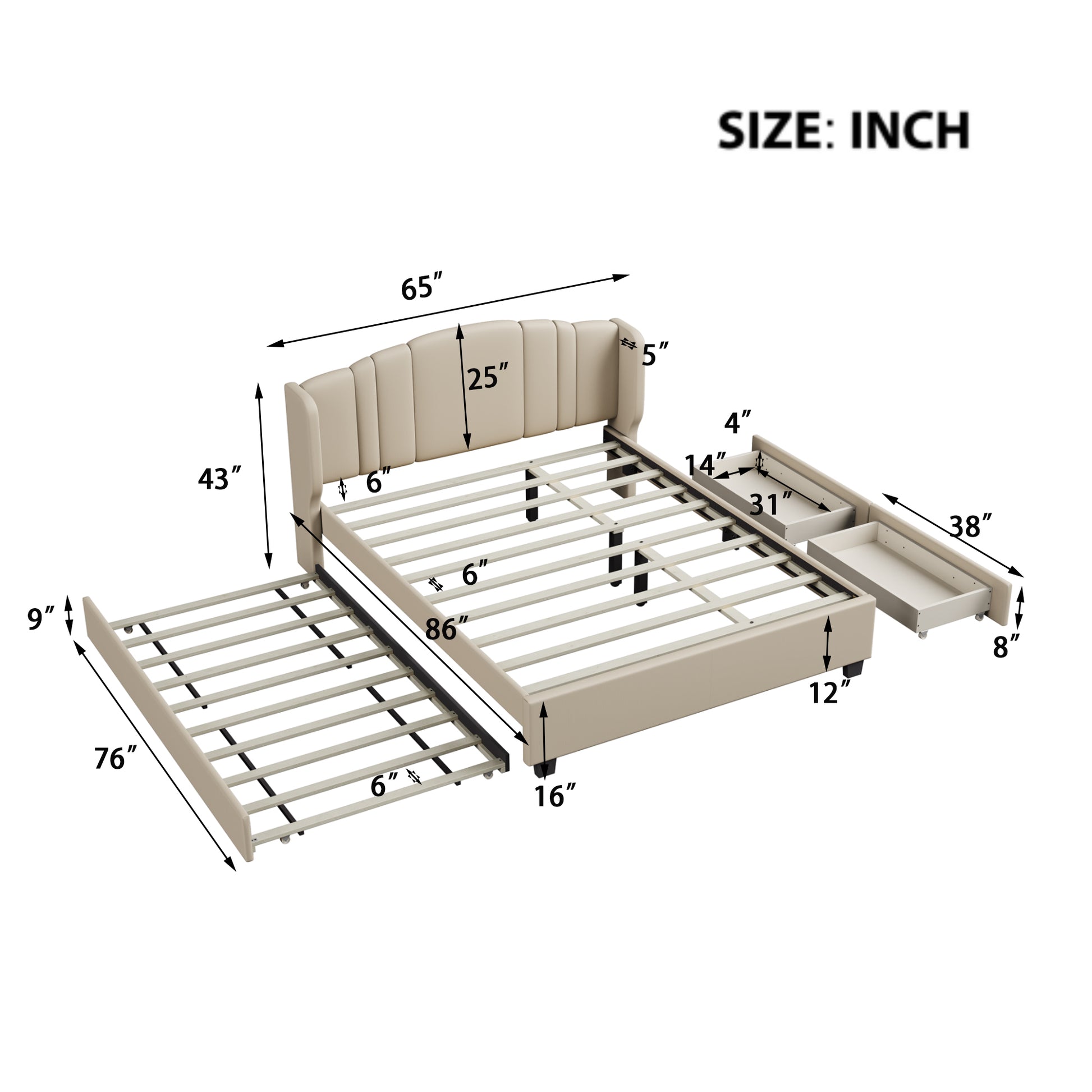 Upholstered Platform Bed With Wingback Headboard, One Twin Trundle And 2 Drawers, No Box Spring Needed, Linen Fabric, Queen Size Beige Beige Linen