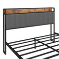 Queen Size Bed Frame With Charging Station, Upholstered Headboard, Metal Platform, Grey Box Spring Not Required Queen Dark Gray Metal Bedroom Bed Frame Upholstered Linen Metal