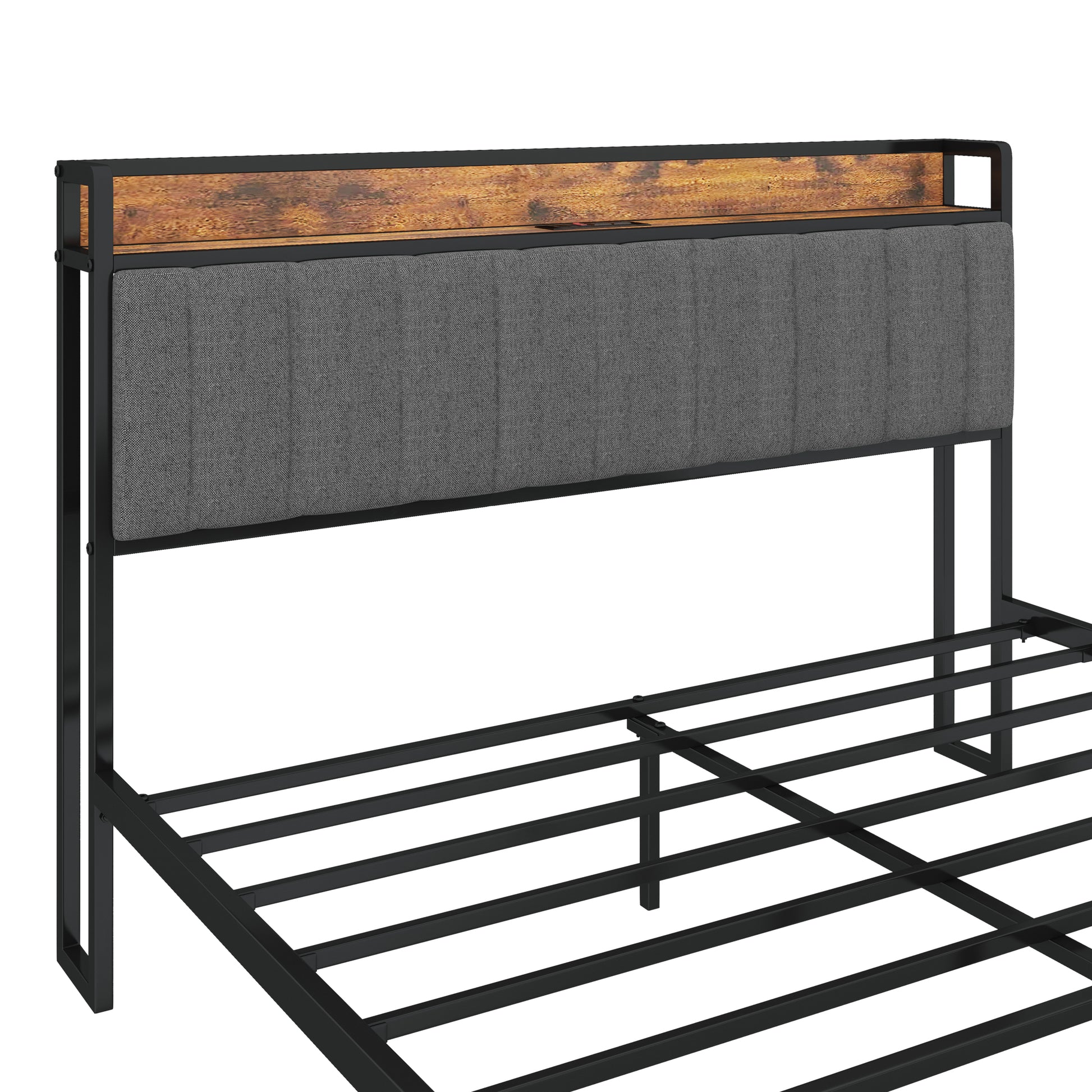 Queen Size Bed Frame With Charging Station, Upholstered Headboard, Metal Platform, Grey Box Spring Not Required Queen Dark Gray Metal Bedroom Bed Frame Upholstered Linen Metal