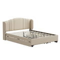 Upholstered Platform Bed With Wingback Headboard, One Twin Trundle And 2 Drawers, No Box Spring Needed, Linen Fabric, Queen Size Beige Beige Linen