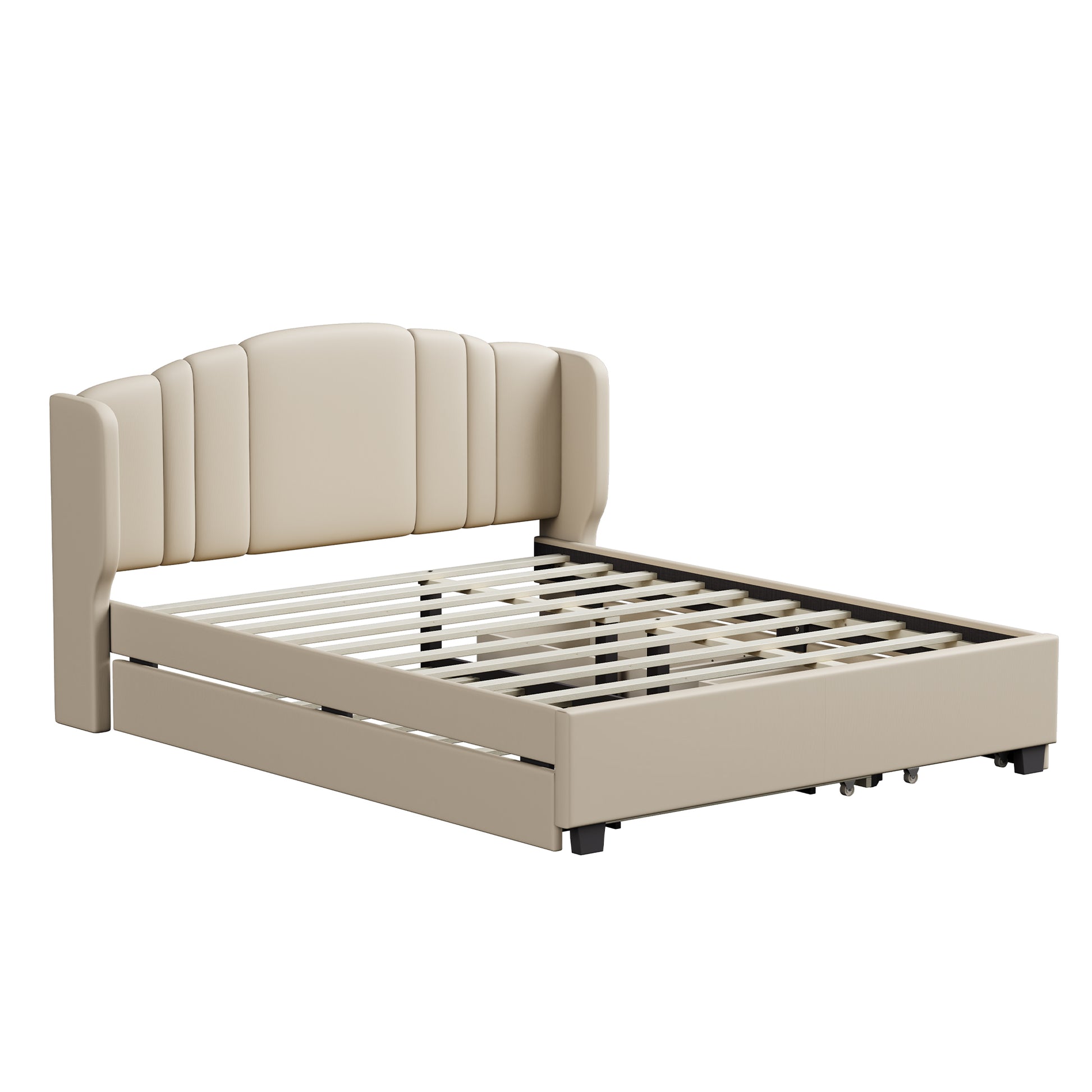 Upholstered Platform Bed With Wingback Headboard, One Twin Trundle And 2 Drawers, No Box Spring Needed, Linen Fabric, Queen Size Beige Beige Linen