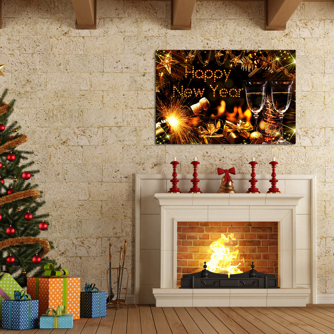 1Pcs Framed Canvas Wall Art Decor Painting For Year, Golden Happy Year Bless Champagne Gift Painting For Year Gift, Decoration For Chrismas Eve Office Living Room 2418In Thickness 1.5Inch Rectangle Framed Multicolor Year'S Oversized 41In Canvas Cultures