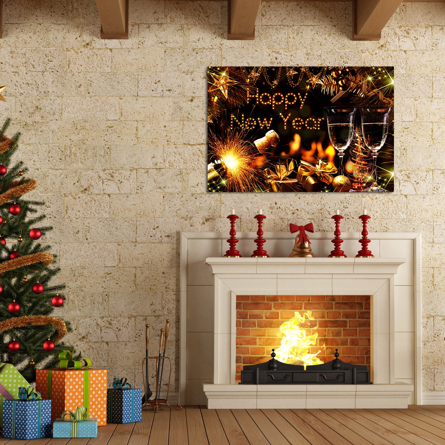 Framed Canvas Wall Art Decor Painting For Year, Golden Happy Year Bless Champagne Gift Painting For Year Gift, Decoration For Chrismas Eve Office Living Room, Bedroom Decor Ready To Hang Rectangle Framed Multicolor Year'S Oversized 41In Canvas Cultures