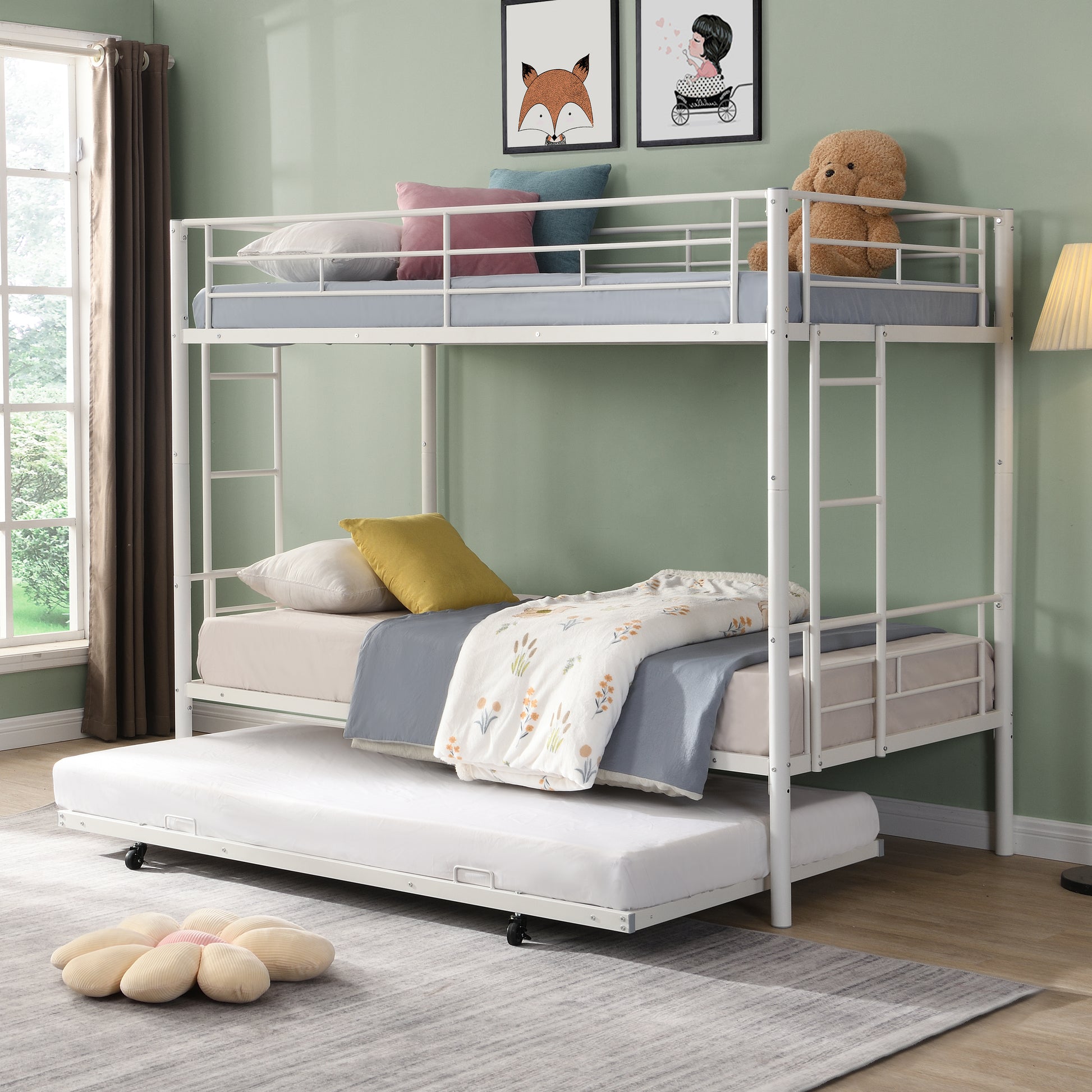 Metal Bunk Bed With Trundle White Twin White Metal