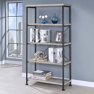 Grey Driftwood 4 Shelf Bookcase 4 Grey Gray Standard Horizontal Office Wood Open Back Farmhouse,Rustic Wood