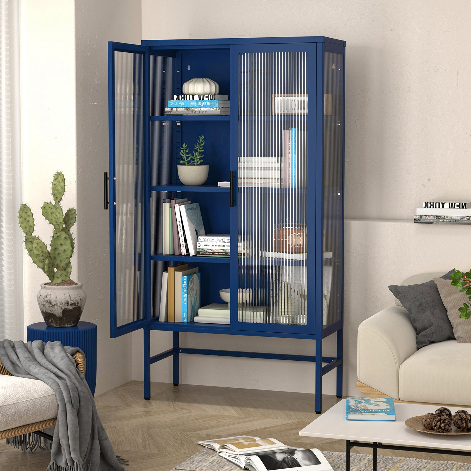 Double Glass Door Storage Cabinet With Adjustable Shelves And Feet Cold Rolled Steel Sideboard Furniture For Living Room Kitchen Blue Blue Tempered Glass