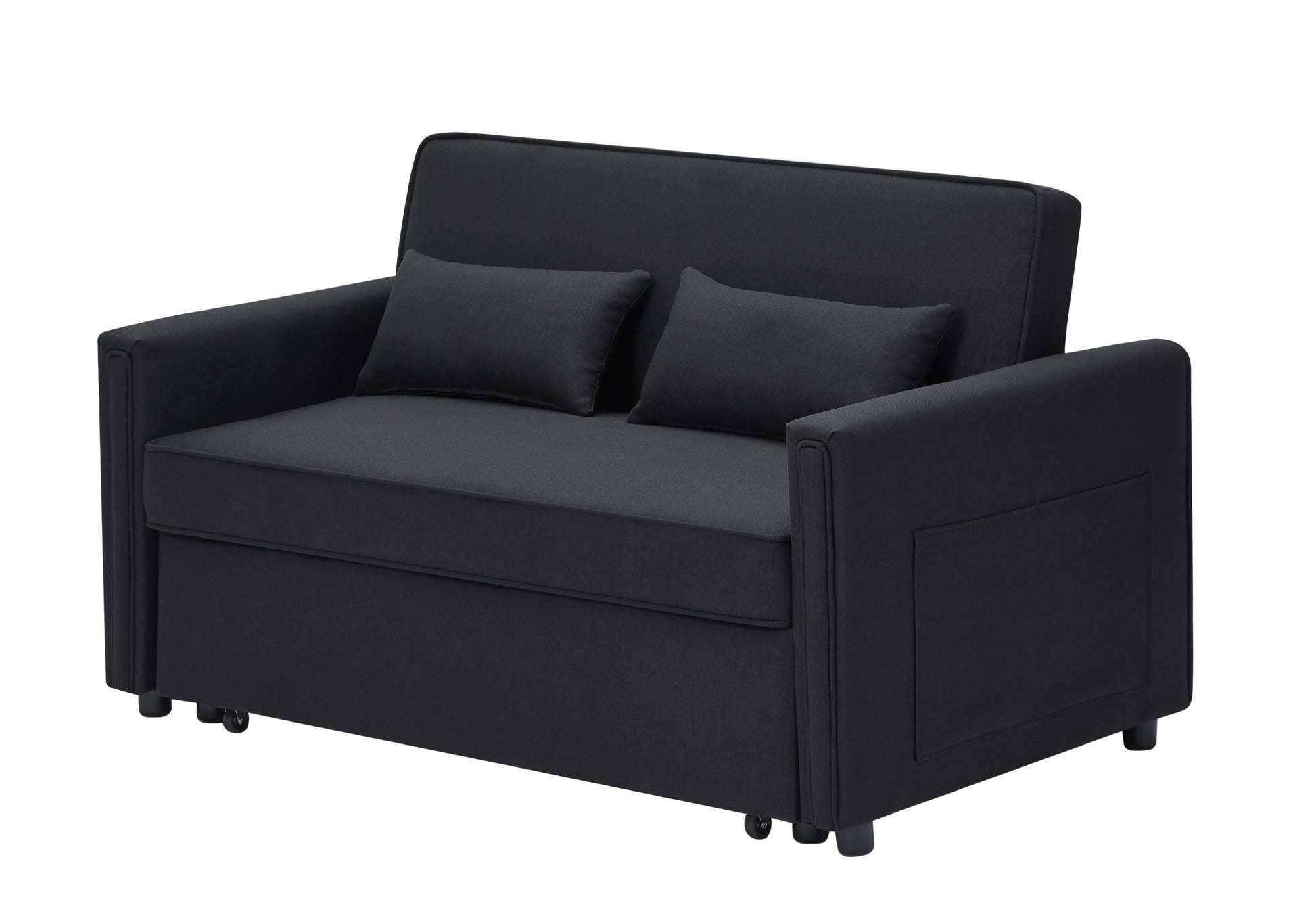 Modern Linen Convertible Loveseat Sleeper Sofa Couch With Adjustable Backrest, 2 Seater Sofa With Pull Out Bed With 2 Lumbar Pillows For Small Living Room & Apartment Black Polyester