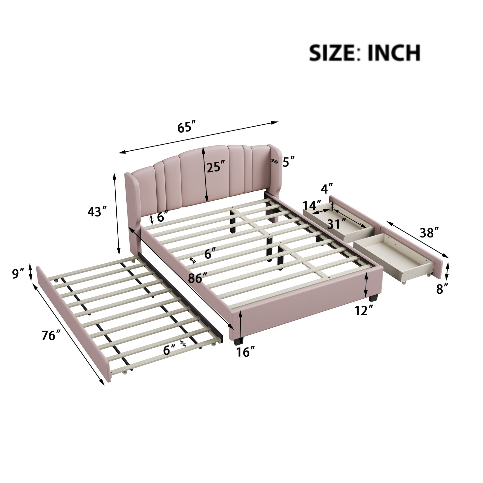 Upholstered Platform Bed With Wingback Headboard, One Twin Trundle And 2 Drawers, No Box Spring Needed, Linen Fabric, Queen Size Pink Pink Linen