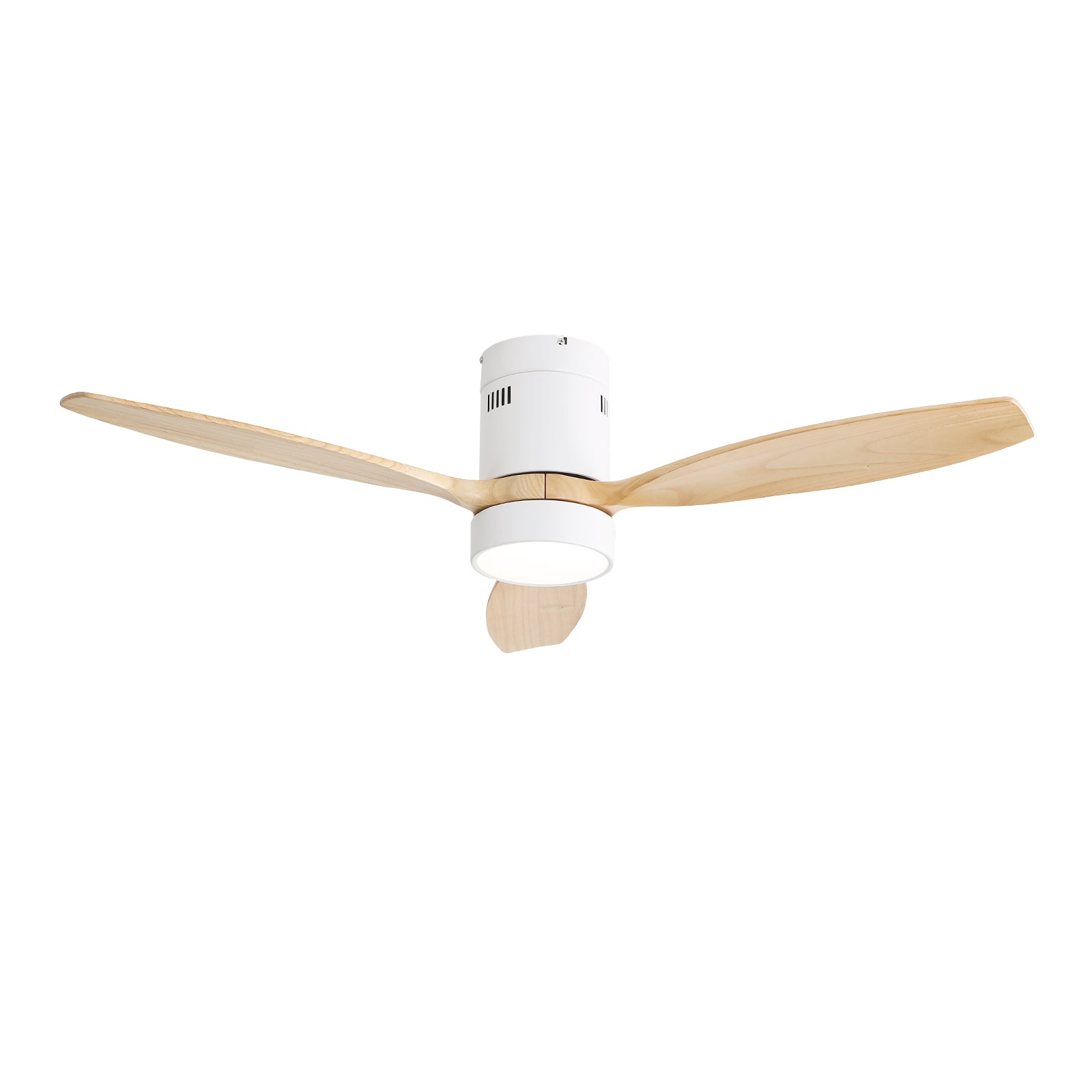 52 Inch Flush Mount Ceiling Fan Dc 3 Solid Wood Fan Blade Noiseless Reversible Motor Remote Control With Light White Metal & Wood