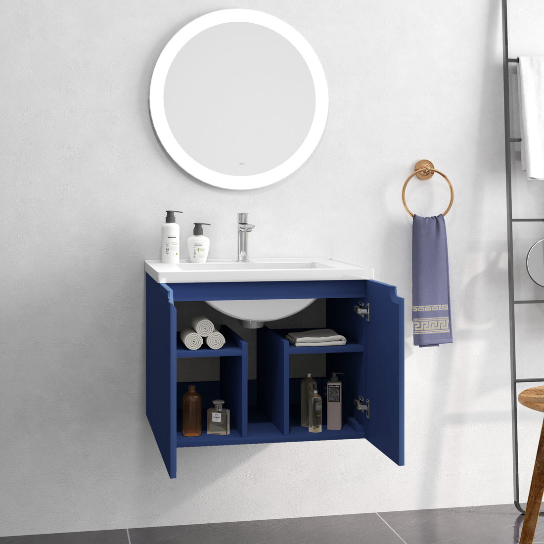 24" Floating Wall Mounted Bathroom Vanity With White Porcelain Sink And Soft Close Doors Blue Ceramic Mdf