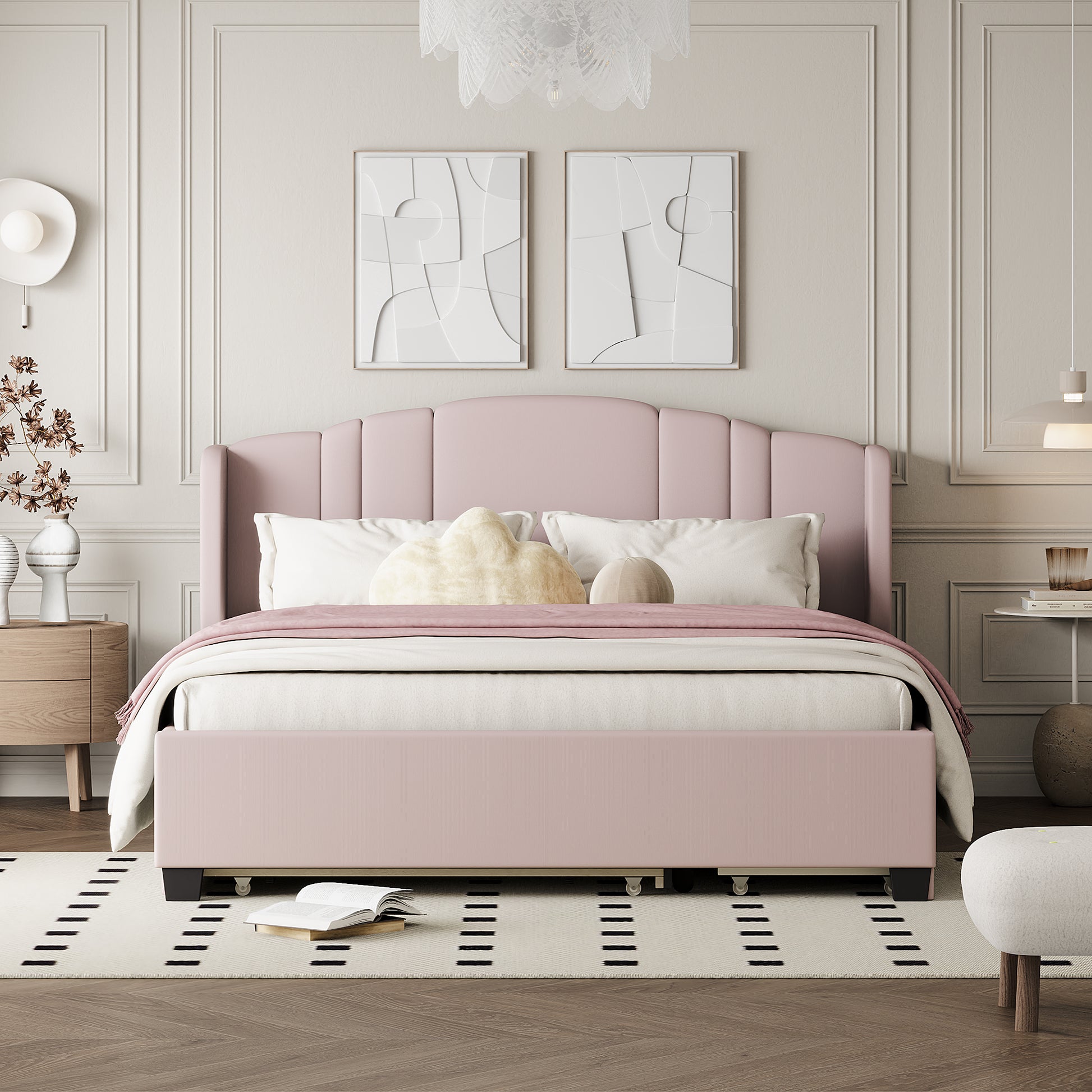 Upholstered Platform Bed With Wingback Headboard, One Twin Trundle And 2 Drawers, No Box Spring Needed, Linen Fabric, Queen Size Pink Pink Linen