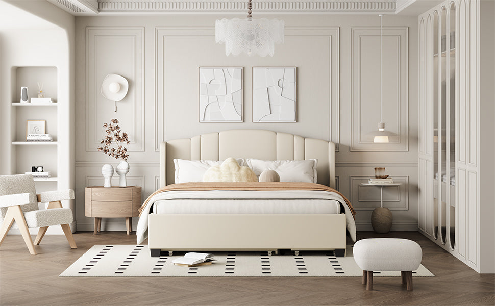 Upholstered Platform Bed With Wingback Headboard, One Twin Trundle And 2 Drawers, No Box Spring Needed, Linen Fabric, Queen Size Beige Beige Linen