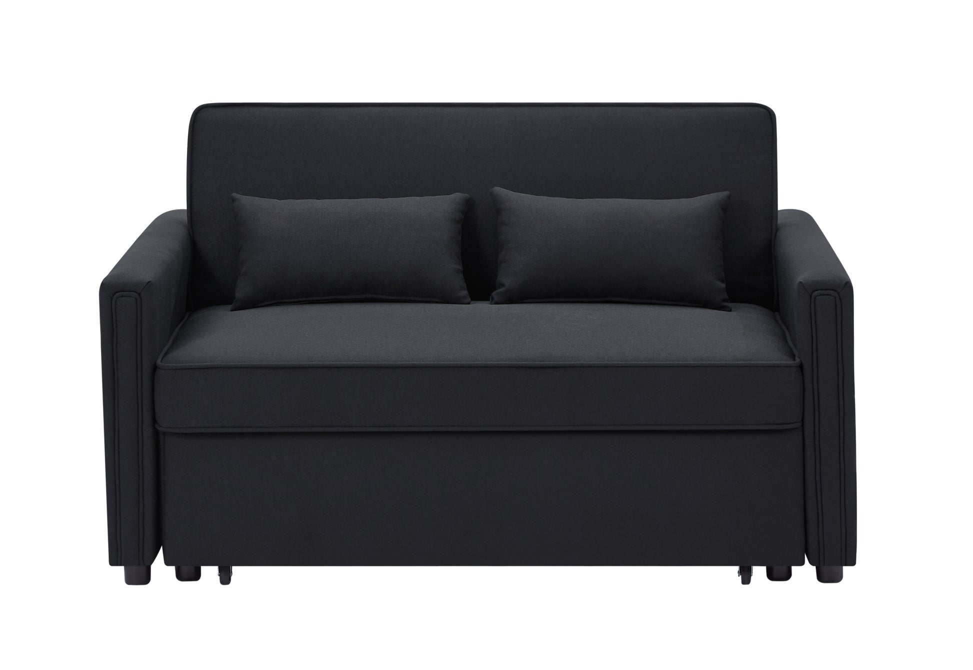 Modern Linen Convertible Loveseat Sleeper Sofa Couch With Adjustable Backrest, 2 Seater Sofa With Pull Out Bed With 2 Lumbar Pillows For Small Living Room & Apartment Black Polyester