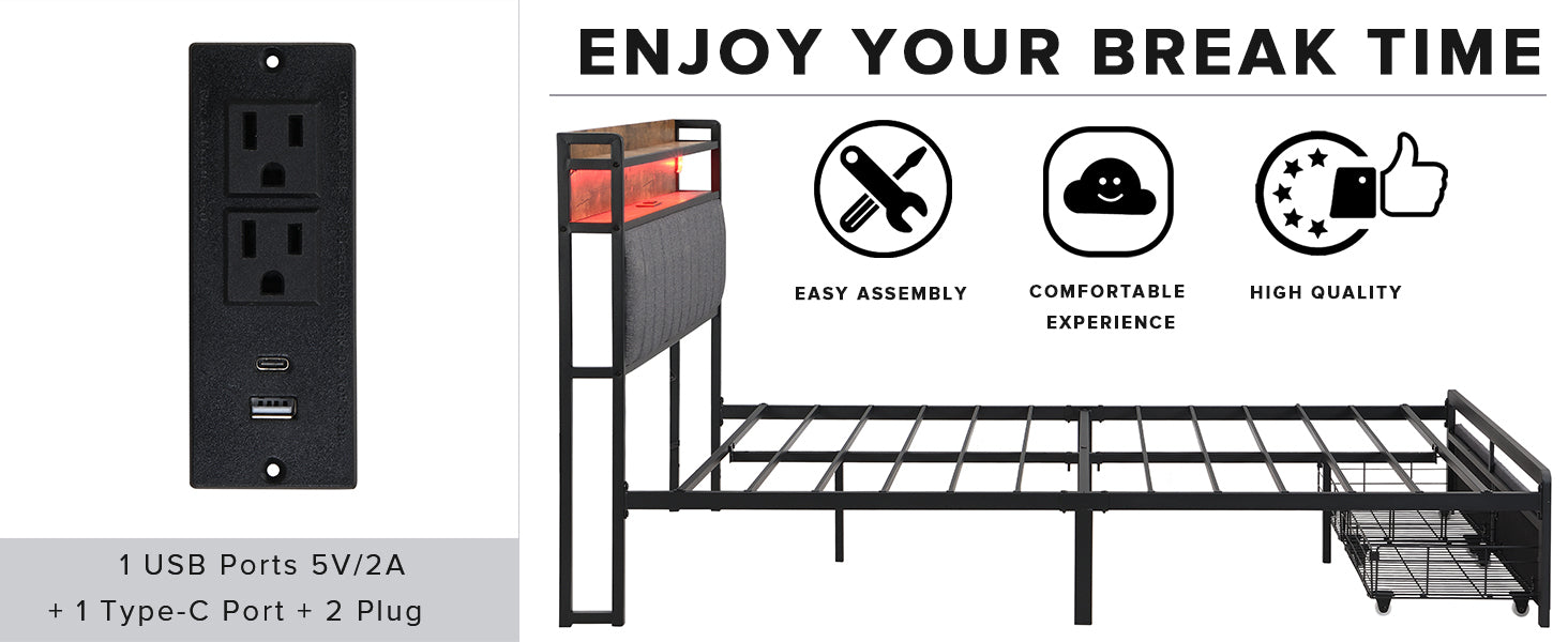 Queen Bed Frames With Storage Headboard And Drawers, Led Platform Bed Frame Queen Size, Led Upholstered Bed Frame With Charging Station, No Box Spring Needed, Easy Assembly, Grey Box Spring Not Required Gray Metal Bedroom Bed Frame Mdf Metal