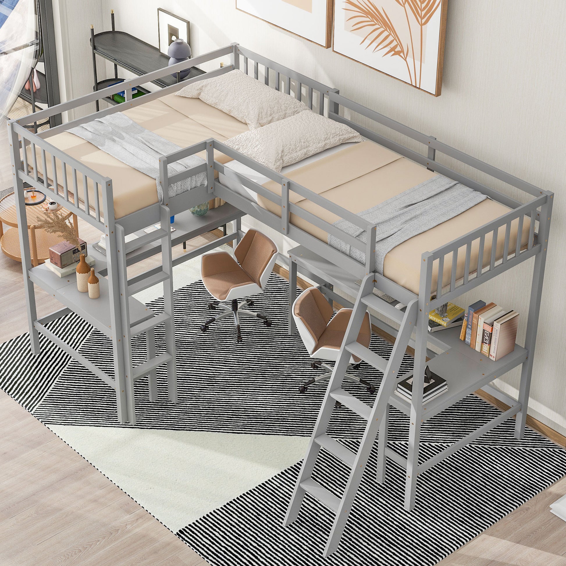 Wood Twin Size L Shaped Loft Bed With Ladder And 2 Built In L Shaped Desks, Gray Box Spring Not Required Twin White Wood Bedroom Solid Wood Mdf