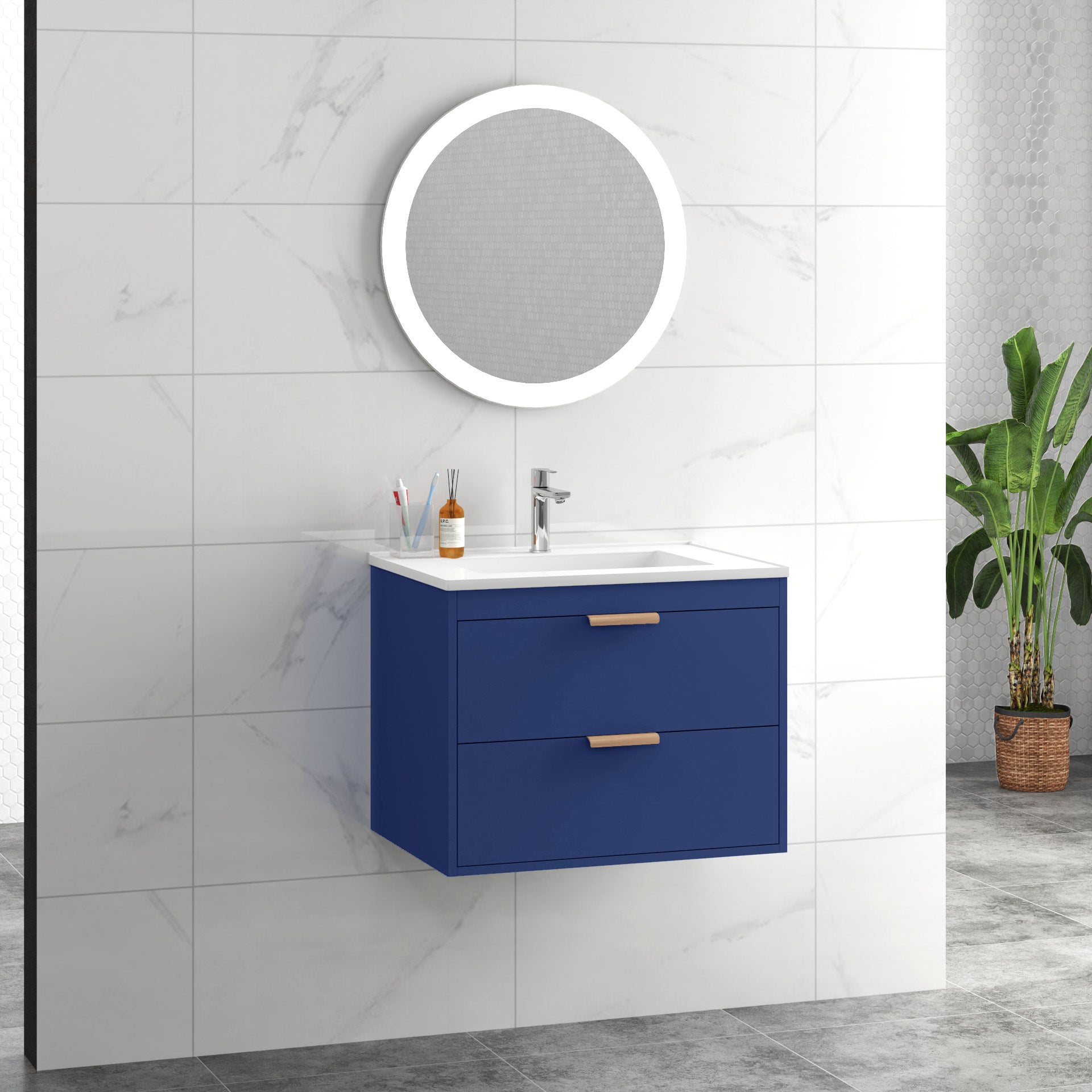 24" Floating Wall Mounted Bathroom Vanity With White Ceramic Sink And Drawer Storage Blue Wall Mounted Ceramic Mdf