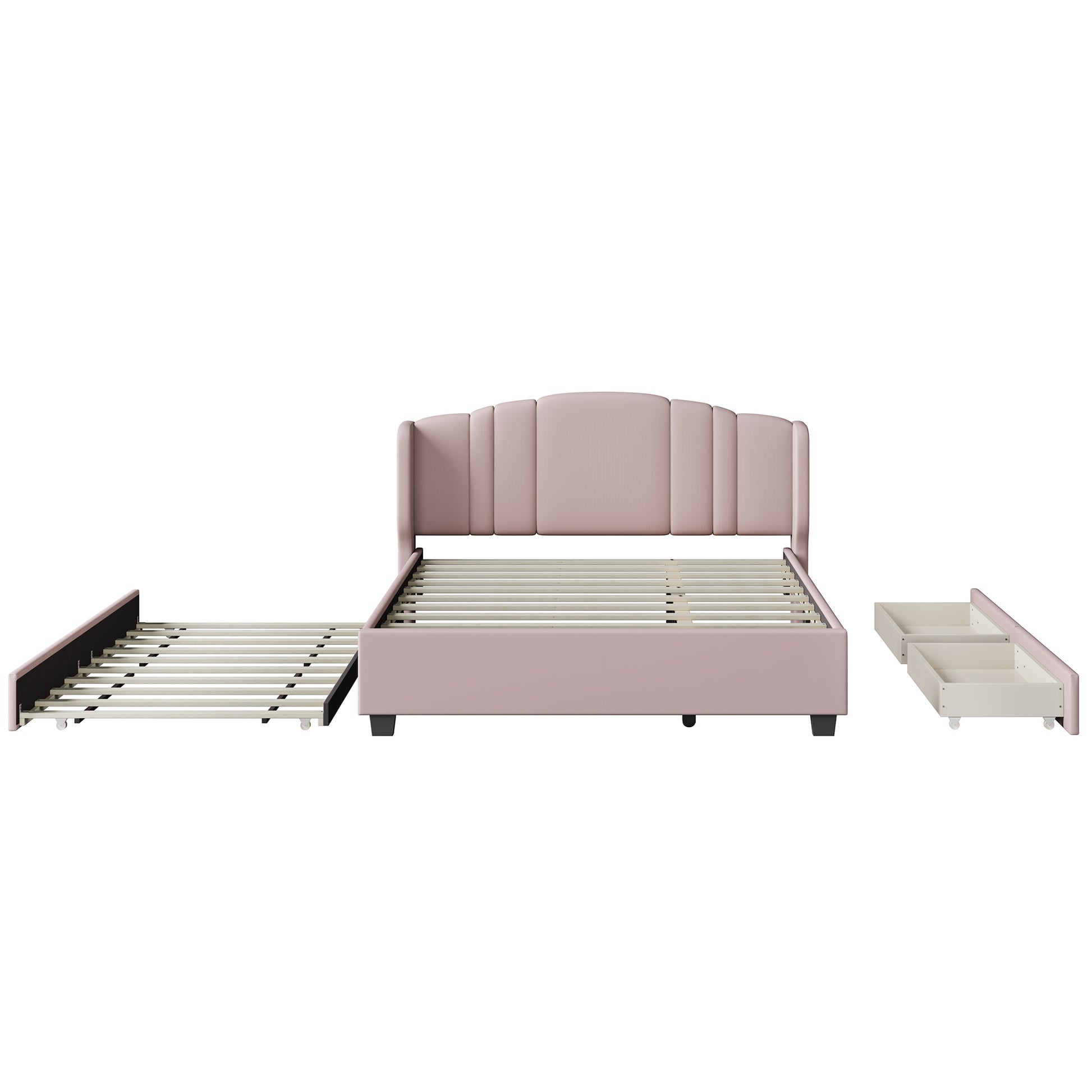 Upholstered Platform Bed With Wingback Headboard, One Twin Trundle And 2 Drawers, No Box Spring Needed, Linen Fabric, Queen Size Pink Pink Linen