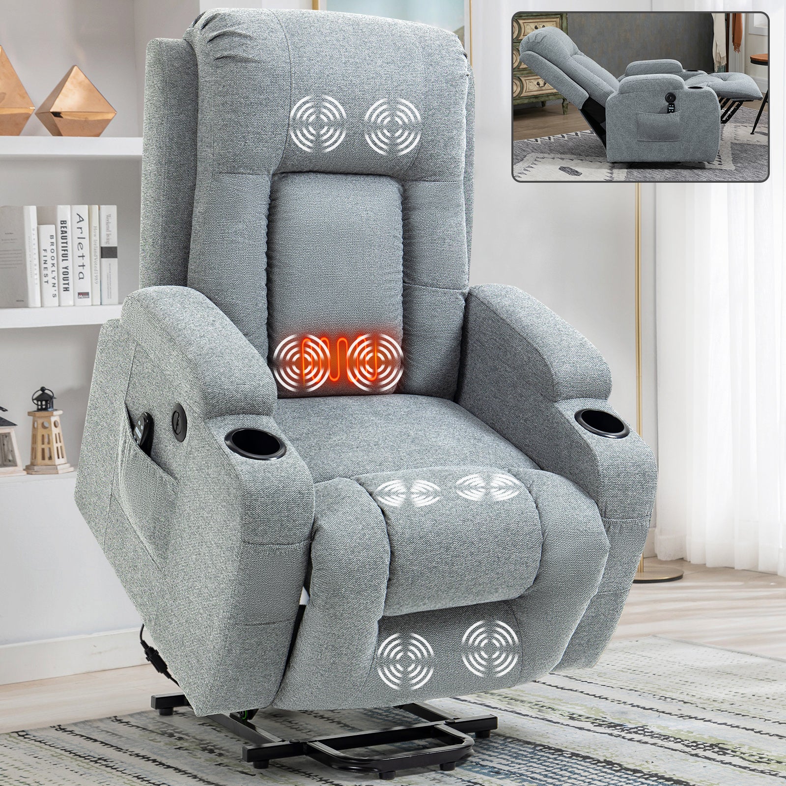 Infinite Position Single Motor Up To 350 Lbs Power Lift Recliner Chair For Elderly, Heavy Duty Motion Mechanism With 8 Point Vibration Massage And Lumbar Heating, Usb Charging Port, Cup Holders, Grey White Metal Primary Living Space Heavy Duty Pine Grey