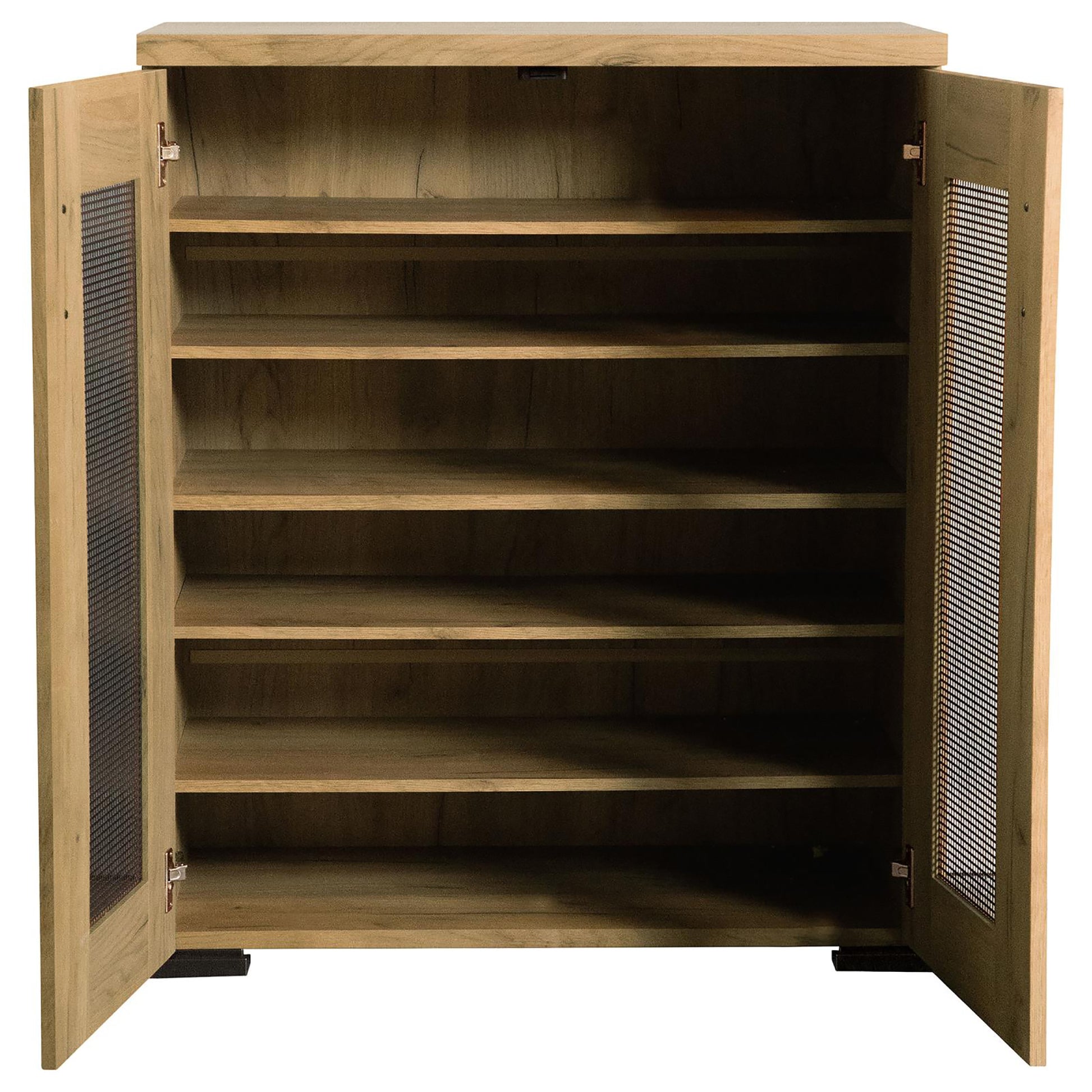 Golden Oak And Black Mesh Door Accent Cabinet Standard 5 Or More Shelves Oak Brown Light Brown Primary Living Space Adjustable Shelves Farmhouse,Rustic Wood