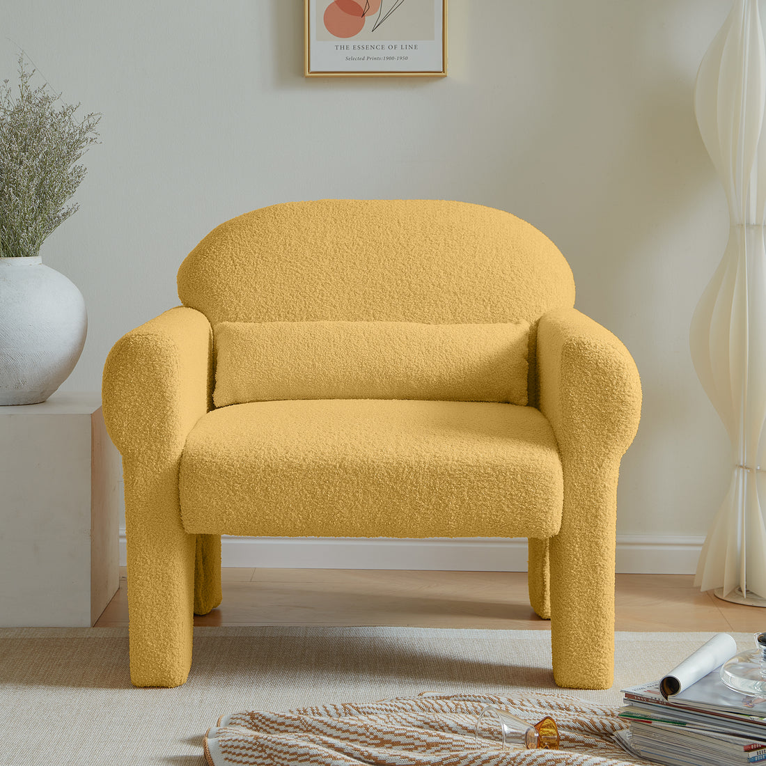 Modern Boucle Accent Chair With Lumbar Pillow For Living Room Antique Yellow Wood Dining Room Modern Fabric 1 Seat