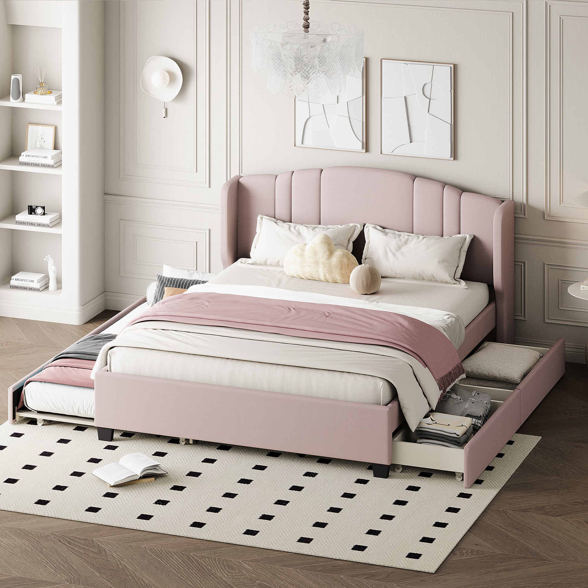 Upholstered Platform Bed With Wingback Headboard, One Twin Trundle And 2 Drawers, No Box Spring Needed, Linen Fabric, Queen Size Pink Pink Linen