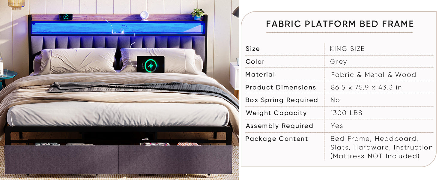 King Bed Frames With Storage Headboard And Drawers, Led Platform Bed Frame King Size, Led Upholstered Bed Frame With Charging Station, No Box Spring Needed, Easy Assembly, Grey Box Spring Not Required King Gray Metal Bedroom Bed Frame Mdf Metal