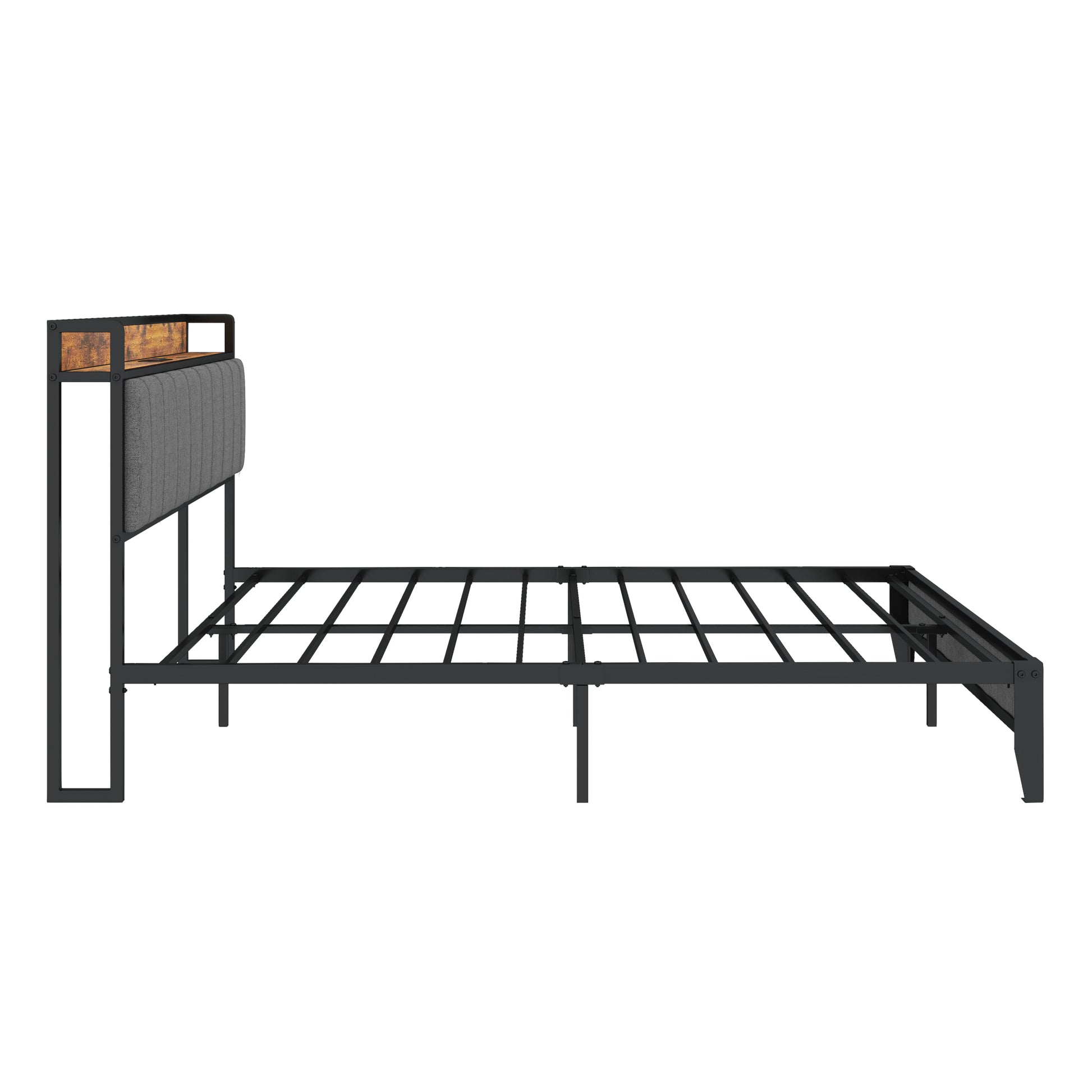 Full Size Bed Frame With Charging Station, Upholstered Headboard, Metal Platform, Grey Box Spring Not Required Full Dark Gray Metal Bedroom Bed Frame Upholstered Linen Metal