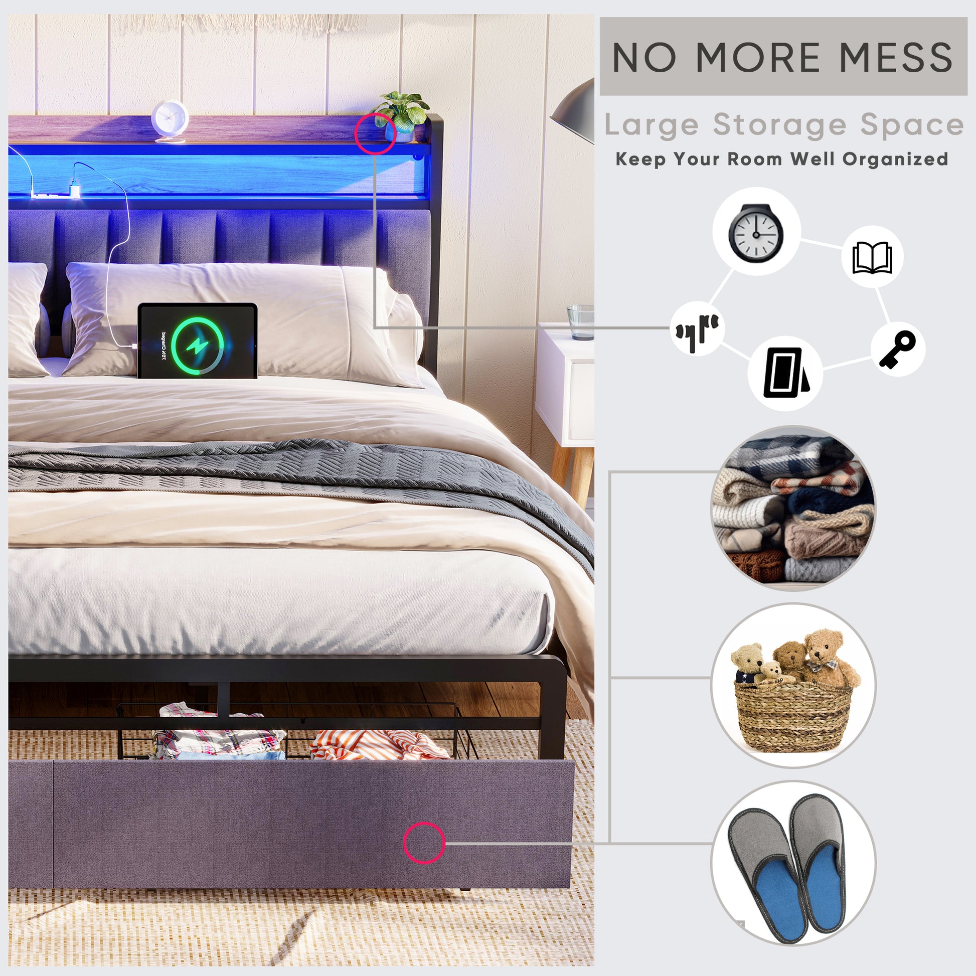 King Bed Frames With Storage Headboard And Drawers, Led Platform Bed Frame King Size, Led Upholstered Bed Frame With Charging Station, No Box Spring Needed, Easy Assembly, Grey Box Spring Not Required King Gray Metal Bedroom Bed Frame Mdf Metal