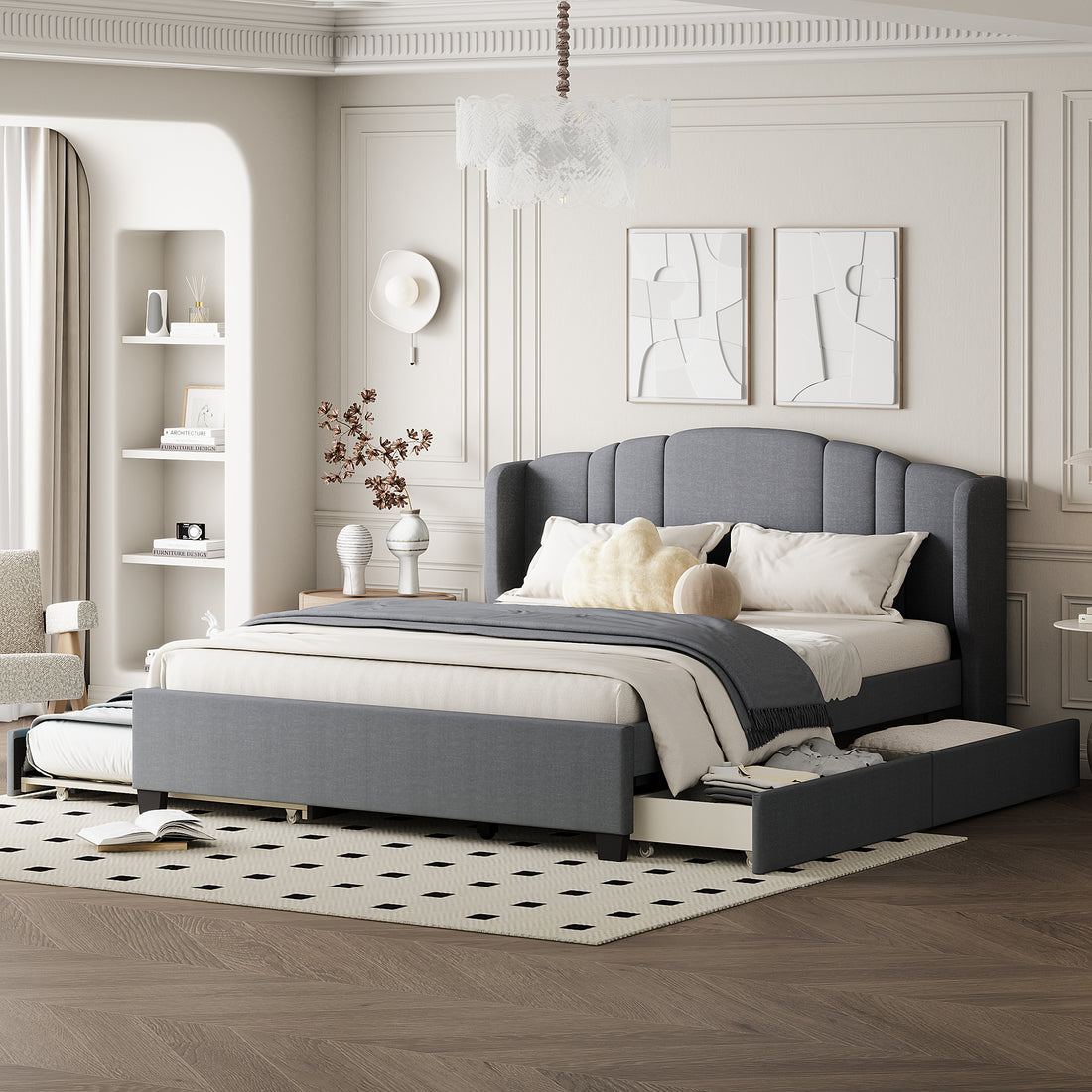 Upholstered Platform Bed With Wingback Headboard, One Twin Trundle And 2 Drawers, No Box Spring Needed, Linen Fabric, Queen Size Gray Gray Linen