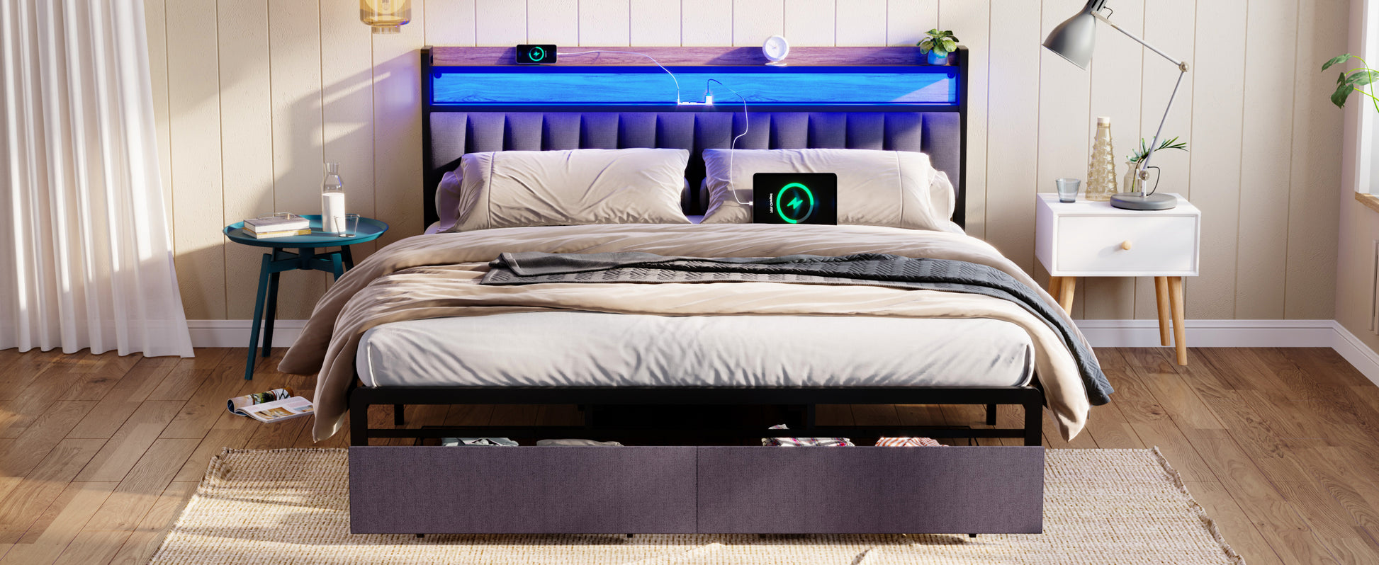 King Bed Frames With Storage Headboard And Drawers, Led Platform Bed Frame King Size, Led Upholstered Bed Frame With Charging Station, No Box Spring Needed, Easy Assembly, Grey Box Spring Not Required King Gray Metal Bedroom Bed Frame Mdf Metal