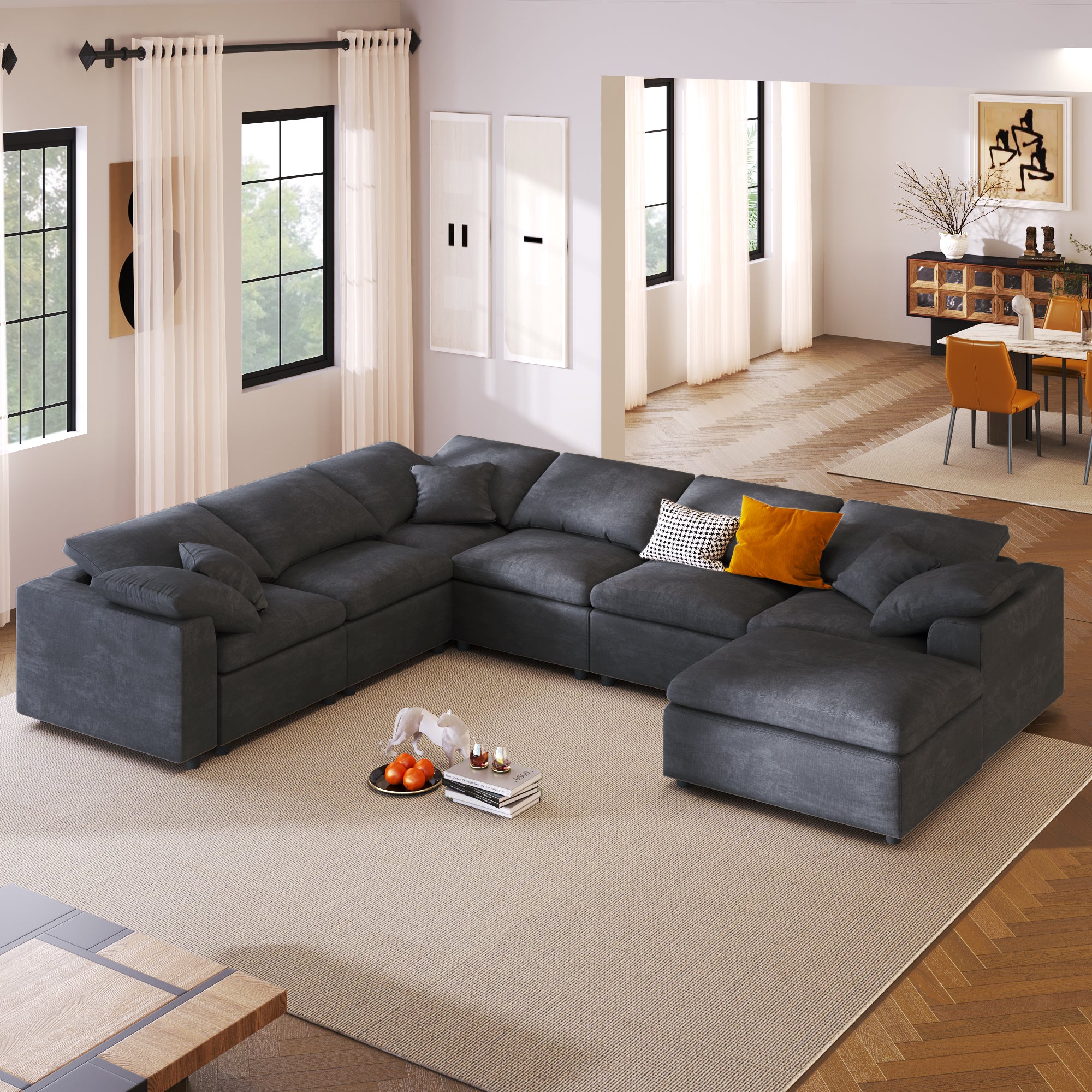 Oversized Modular Sectional Sofa With Ottoman L Shaped Corner Sectional For Living Room, Office, Spacious Space Gray Polyester 7 Seat