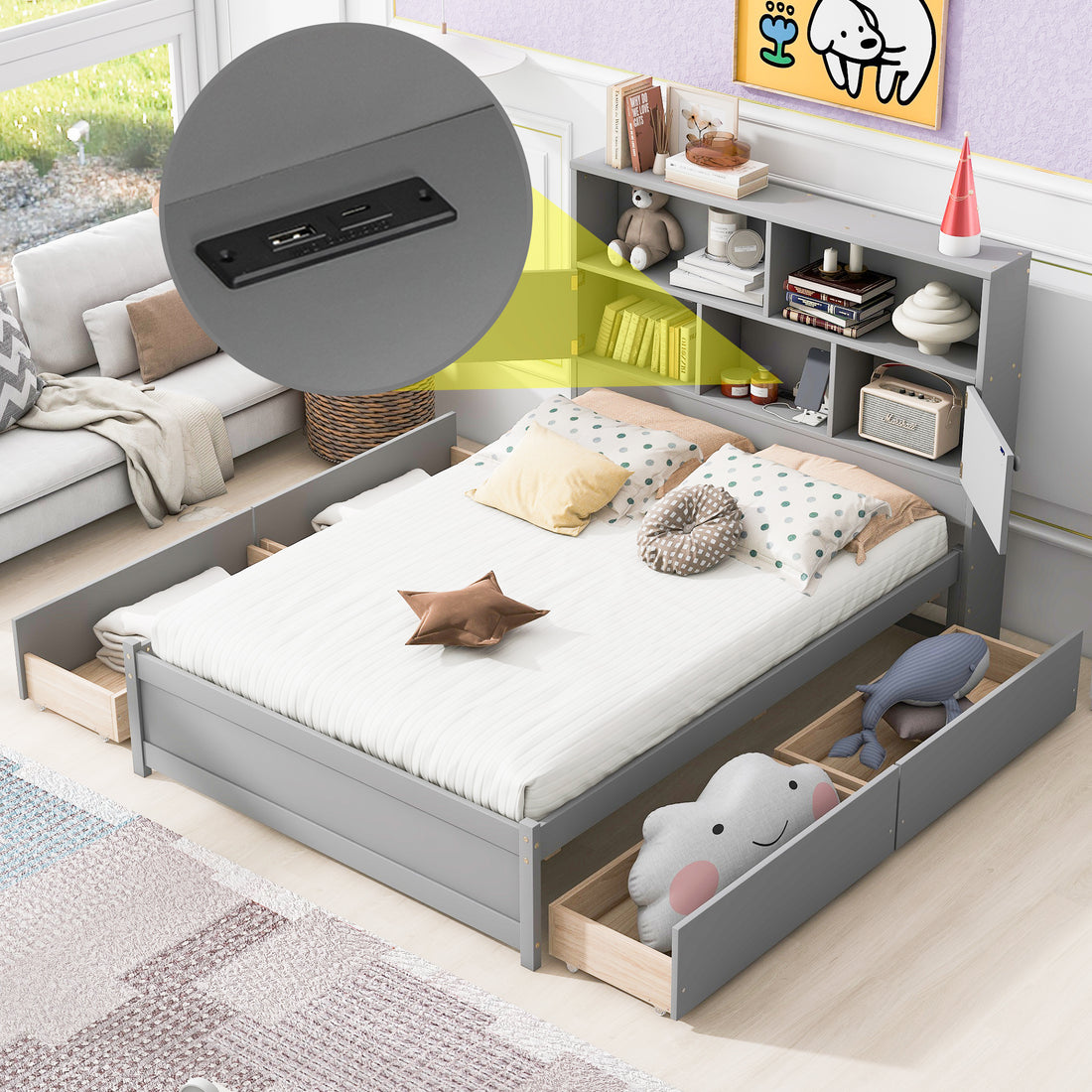 Full Size Platform Bed With Storage Headboard, Charging Station And 4 Drawers, Gray Box Spring Not Required Full Gray Wood Bedroom Bed Frame Solid Wood Mdf