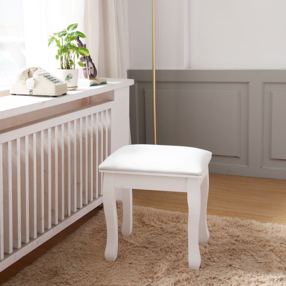 White Vanity Stool Padded Makeup Chair Bench With Solid Wood Legs White Mdf