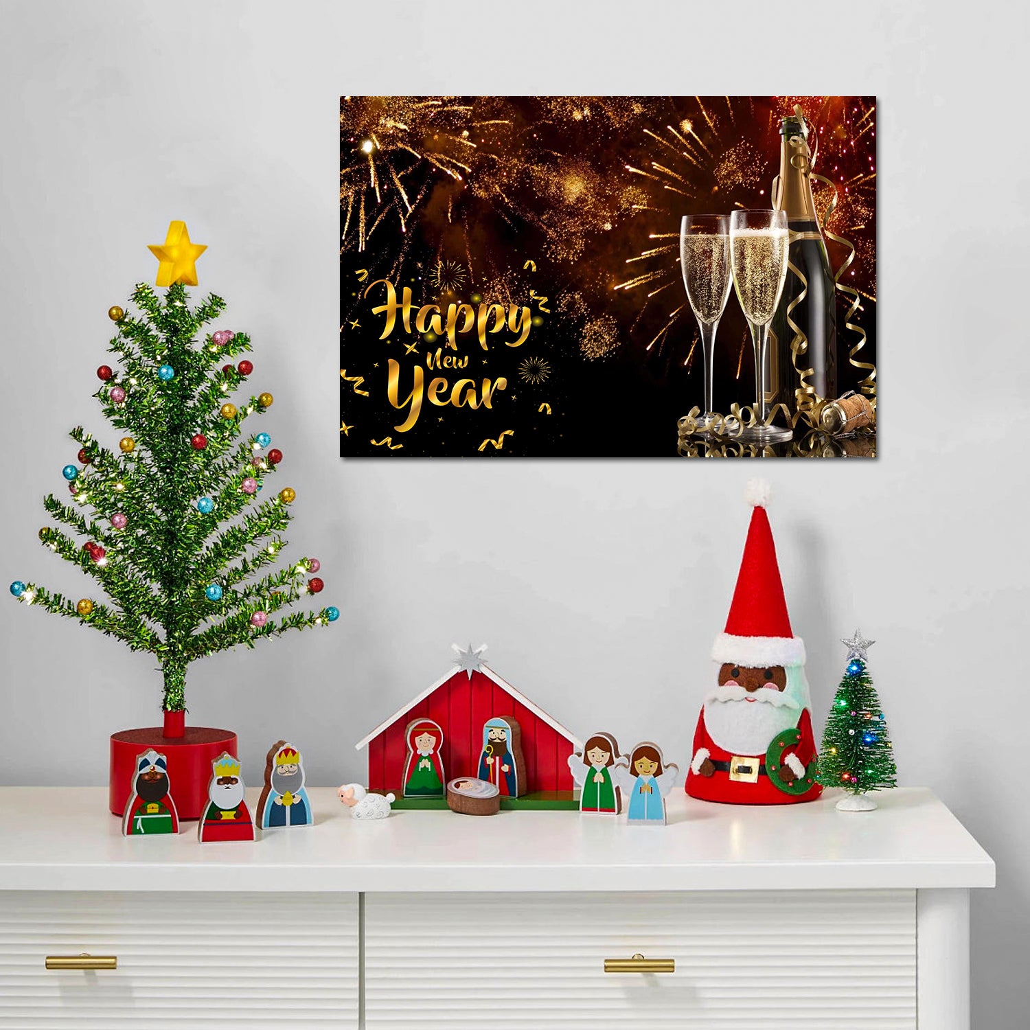 Framed Canvas Wall Art Decor Painting For Year, Golden Happy Year Bless Champagne Gift Painting For Year Gift, Decoration For Chrismas Eve Office Living Room, Bedroom Decor Ready To Hang Rectangle Framed Multicolor Year'S Oversized 41In Canvas Cultures