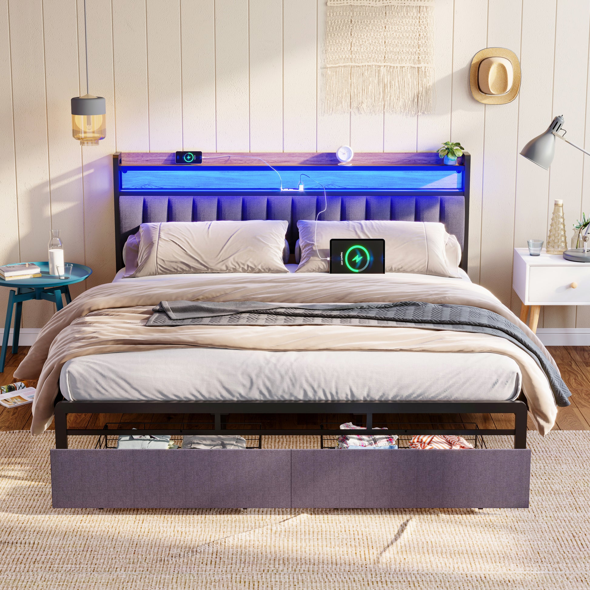 King Bed Frames With Storage Headboard And Drawers, Led Platform Bed Frame King Size, Led Upholstered Bed Frame With Charging Station, No Box Spring Needed, Easy Assembly, Grey Box Spring Not Required King Gray Metal Bedroom Bed Frame Mdf Metal