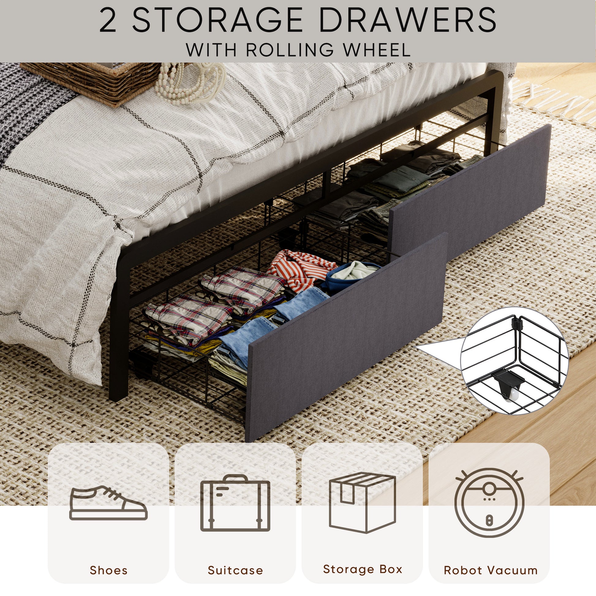 Queen Bed Frames With Storage Headboard And Drawers, Led Platform Bed Frame Queen Size, Led Upholstered Bed Frame With Charging Station, No Box Spring Needed, Easy Assembly, Grey Box Spring Not Required Gray Metal Bedroom Bed Frame Mdf Metal