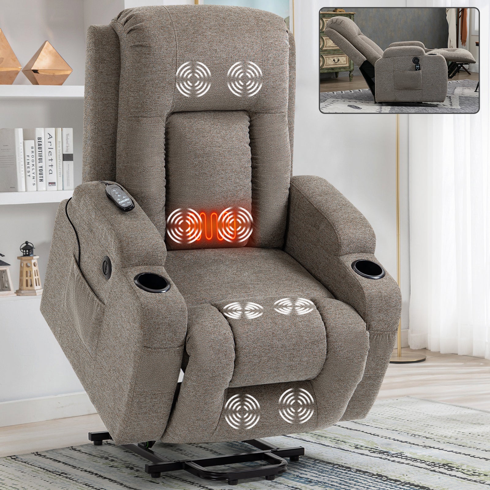 Infinite Position Single Motor Up To 350 Lbs Power Lift Recliner Chair For Elderly, Heavy Duty Motion Mechanism With 8 Point Vibration Massage And Lumbar Heating, Usb Charging Port, Cup Holders, Brown White Metal Primary Living Space Heavy Duty Pine