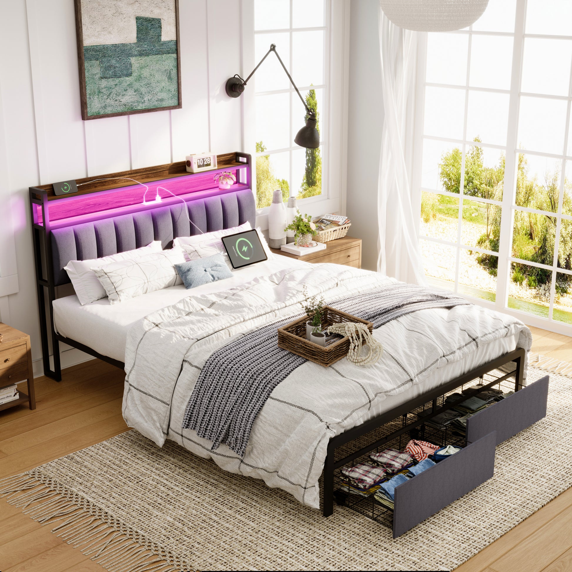Queen Bed Frames With Storage Headboard And Drawers, Led Platform Bed Frame Queen Size, Led Upholstered Bed Frame With Charging Station, No Box Spring Needed, Easy Assembly, Grey Box Spring Not Required Gray Metal Bedroom Bed Frame Mdf Metal