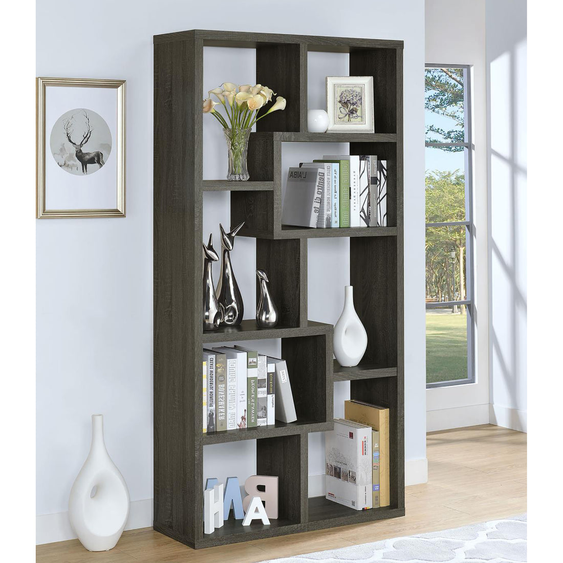 Weathered Grey 8 Shelf Bookcase 8 Or More Grey Gray Standard Vertical Office Open Back Wood Transitional Wood