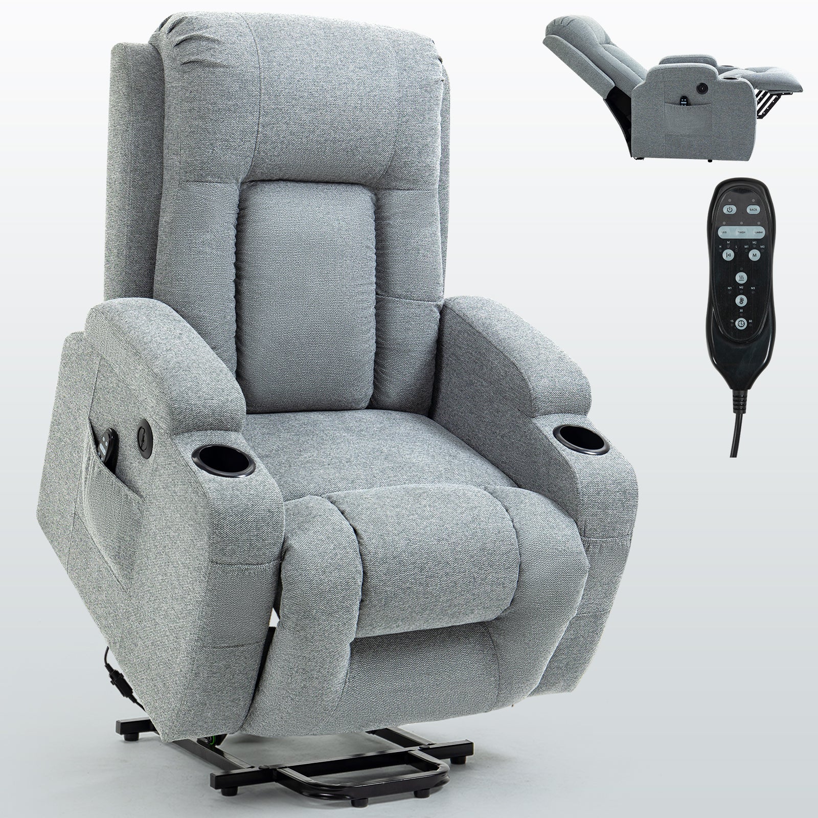 Infinite Position Single Motor Up To 350 Lbs Power Lift Recliner Chair For Elderly, Heavy Duty Motion Mechanism With 8 Point Vibration Massage And Lumbar Heating, Usb Charging Port, Cup Holders, Grey White Metal Primary Living Space Heavy Duty Pine Grey