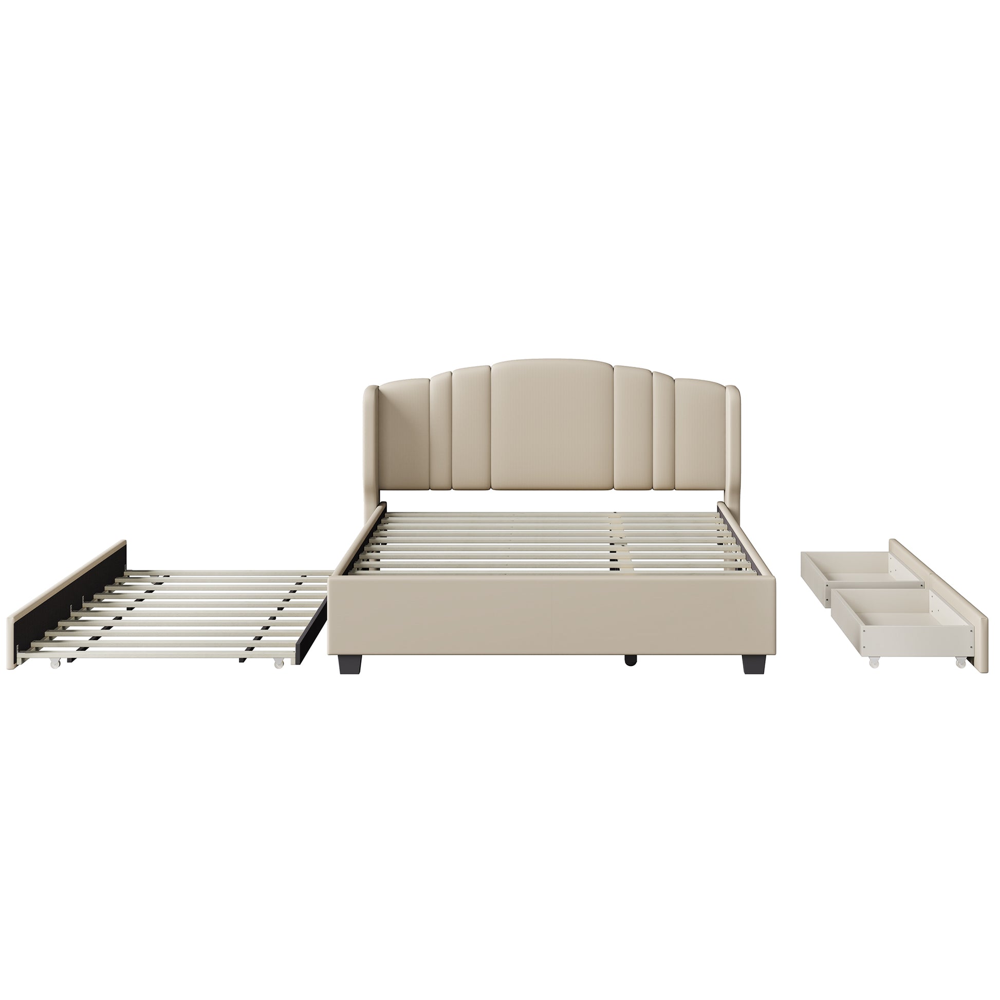 Upholstered Platform Bed With Wingback Headboard, One Twin Trundle And 2 Drawers, No Box Spring Needed, Linen Fabric, Queen Size Beige Beige Linen