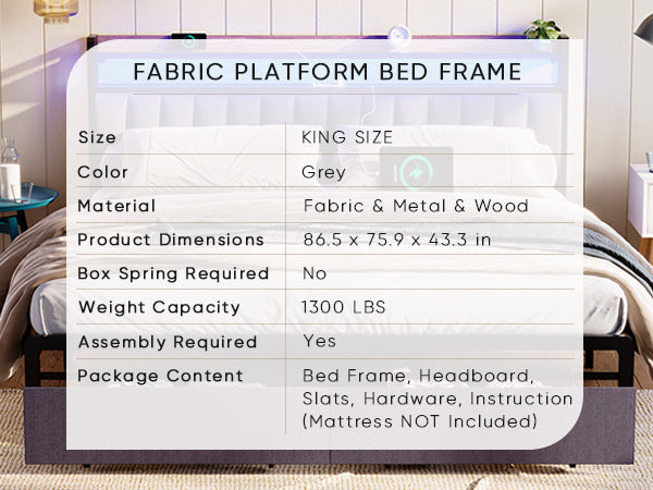 King Bed Frames With Storage Headboard And Drawers, Led Platform Bed Frame King Size, Led Upholstered Bed Frame With Charging Station, No Box Spring Needed, Easy Assembly, Grey Box Spring Not Required King Gray Metal Bedroom Bed Frame Mdf Metal